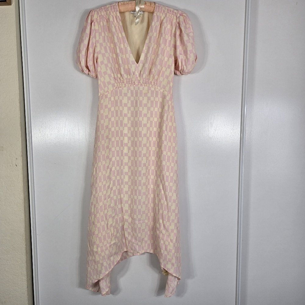 Club‎ Monaco Pink and Cream Check Puff Sleeve Midi Dress Woamans 00 Coquet Style